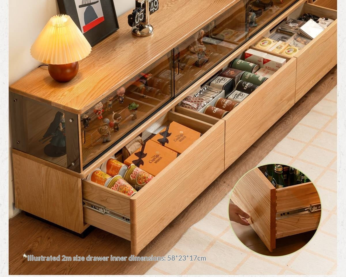 Oak Solid Wood TV Console with Illuminated Glass Display Case and Drawer Storage