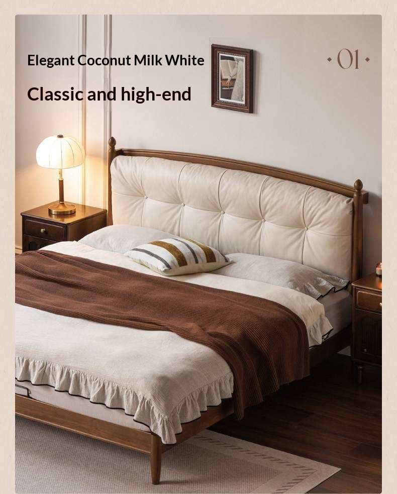 Black Walnut Solid Wood Genuine Leather Soft Bed