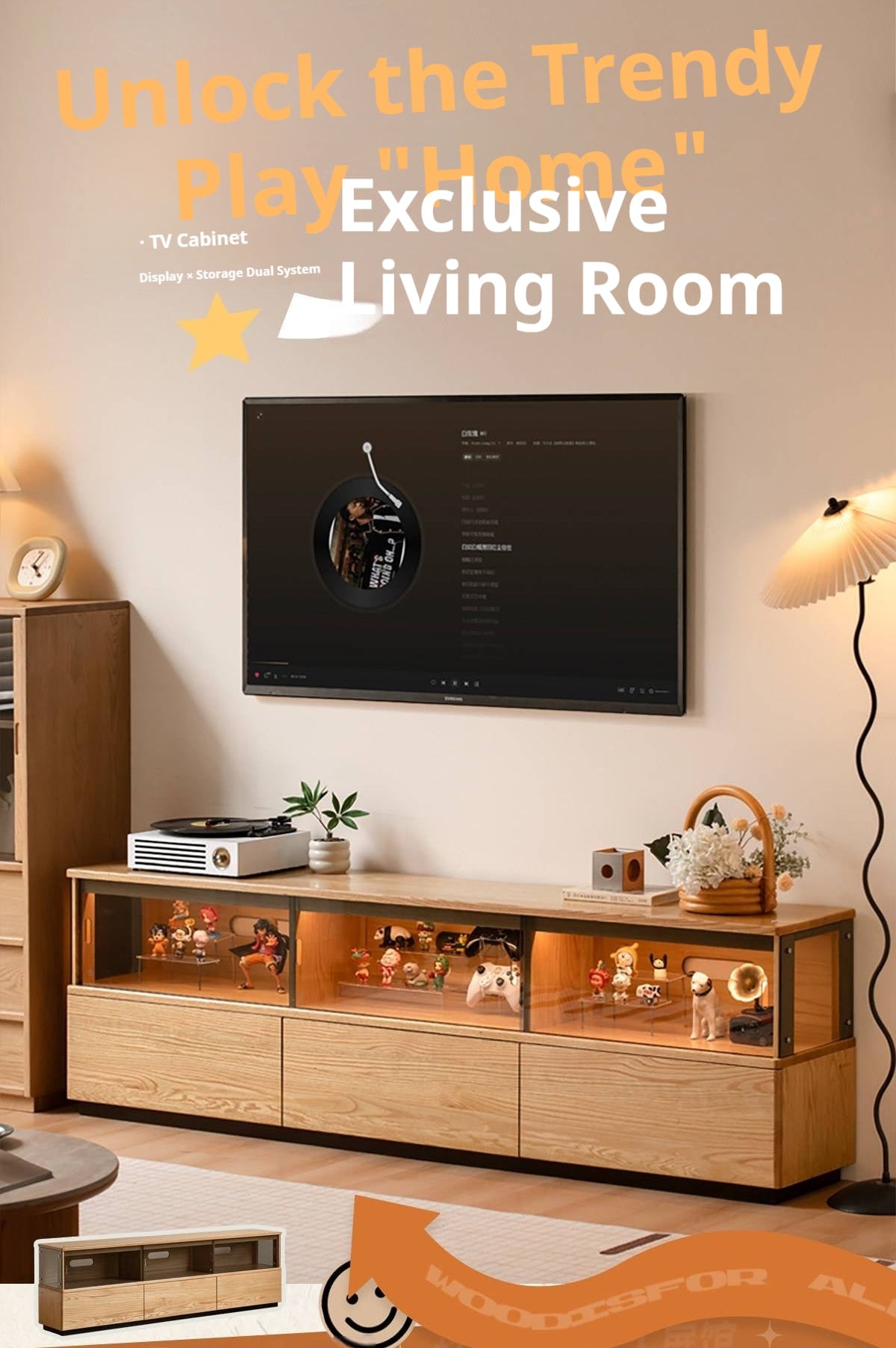 Oak Solid Wood TV Console with Illuminated Glass Display Case and Drawer Storage