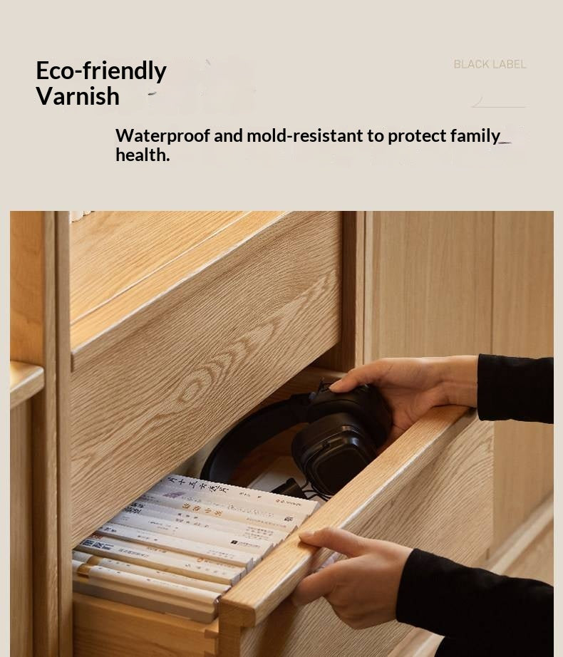 White Oak Solid Wood Bookcase and Display Cabinet with Glass Doors and Built-In Lights