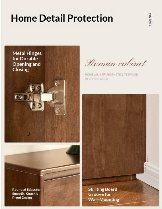 Solid RubberWood Vintage Shoe Cabinet with Flip-Down Drawers and Round Inlay Accents