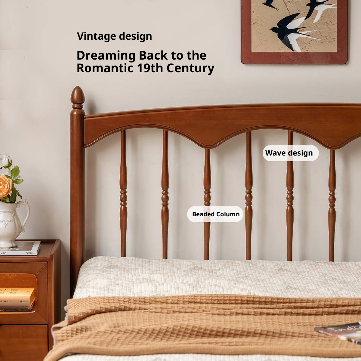 Poplar Solid Wood Windsor Bed, Retro Vintage Style