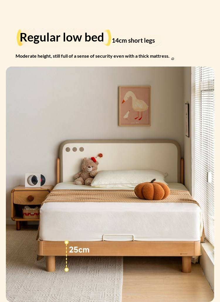 Beech Solid Wood Kids Montessori Platform Bed with Upholstered Headboard