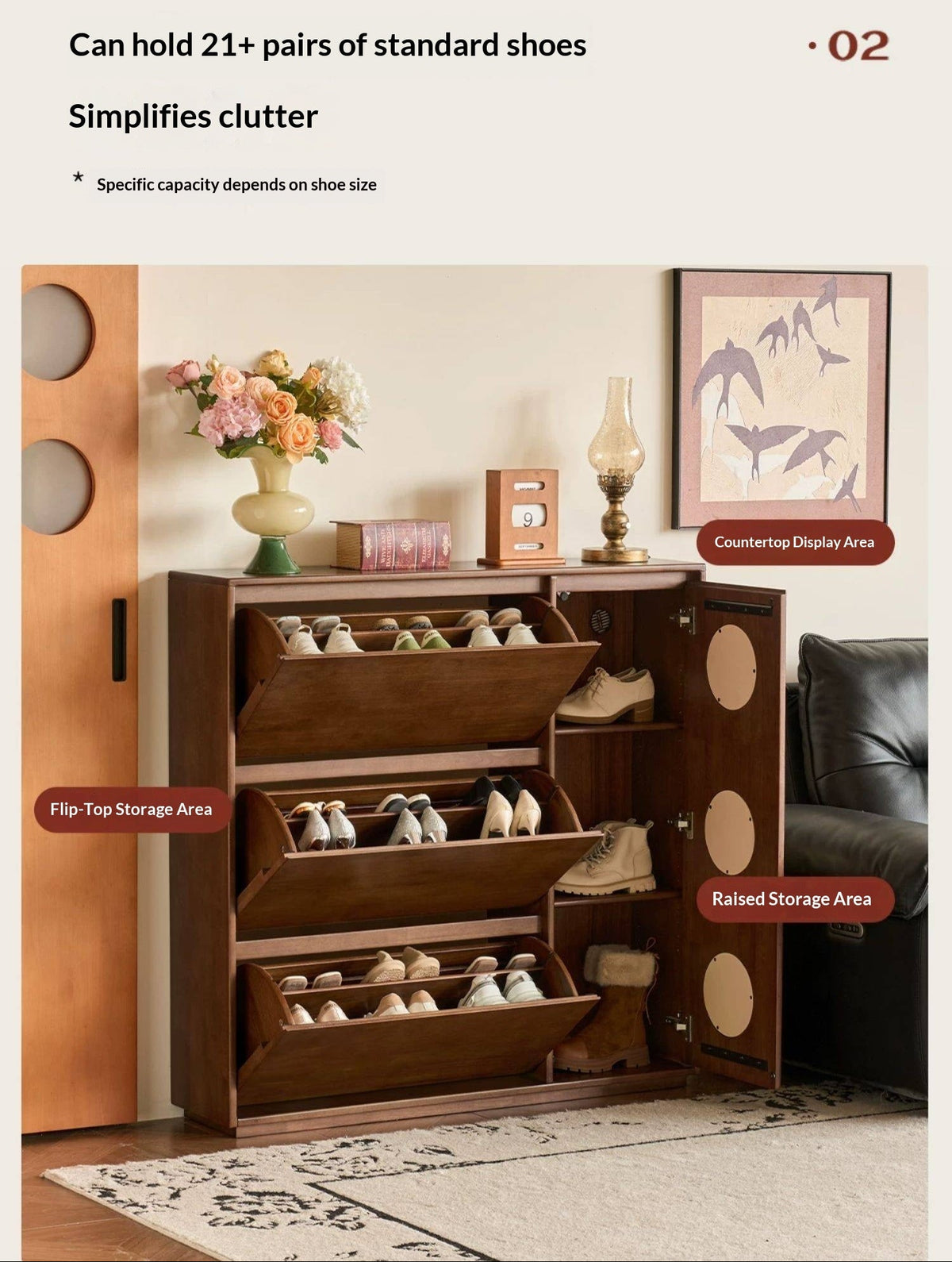 Solid RubberWood Vintage Shoe Cabinet with Flip-Down Drawers and Round Inlay Accents