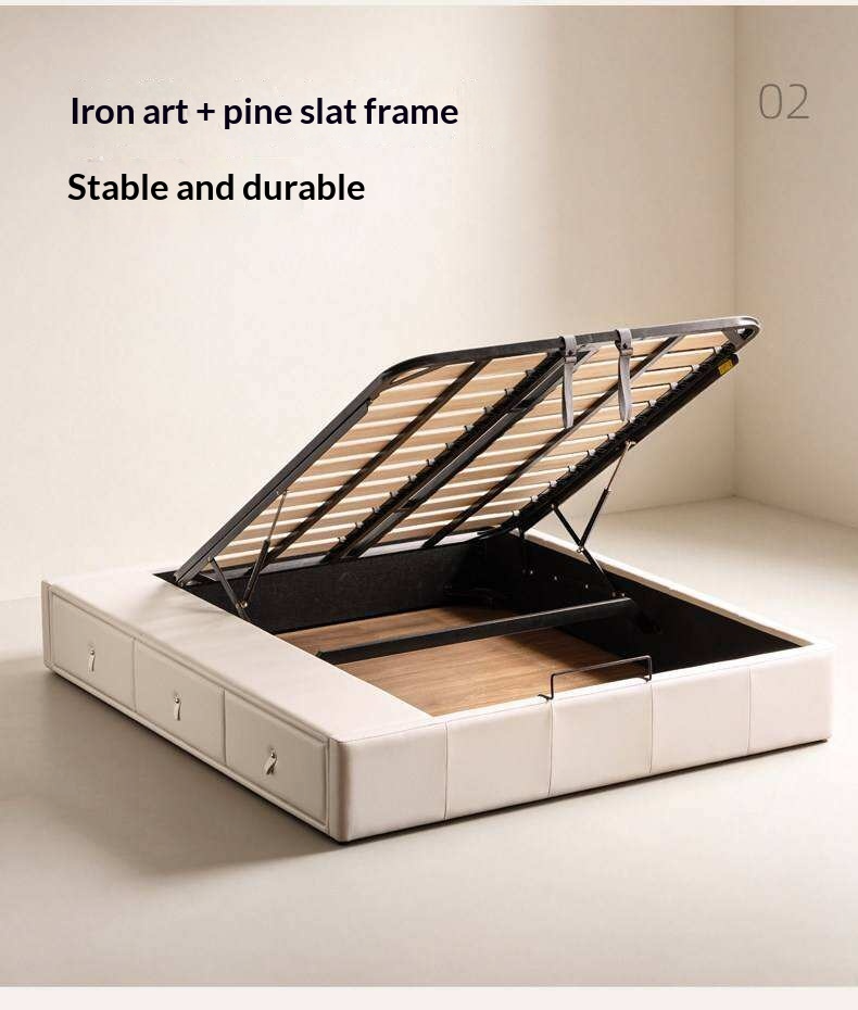 Upholstered Storage Platform Bed, Modern Minimalist White Eco Leather Tatami Bed with Box Storage