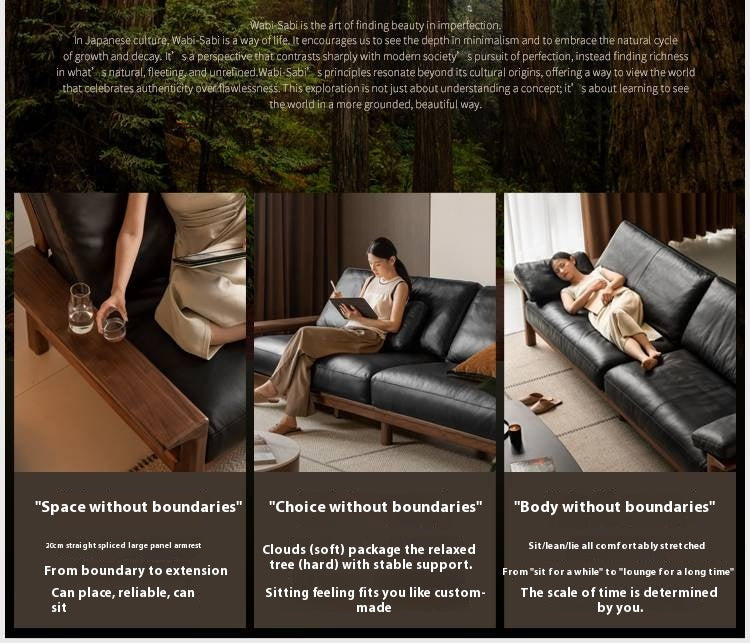 Black Walnut, Ash Solid Wood Wabi Sabi Style Genuine Leather Sofa, fabric sofa