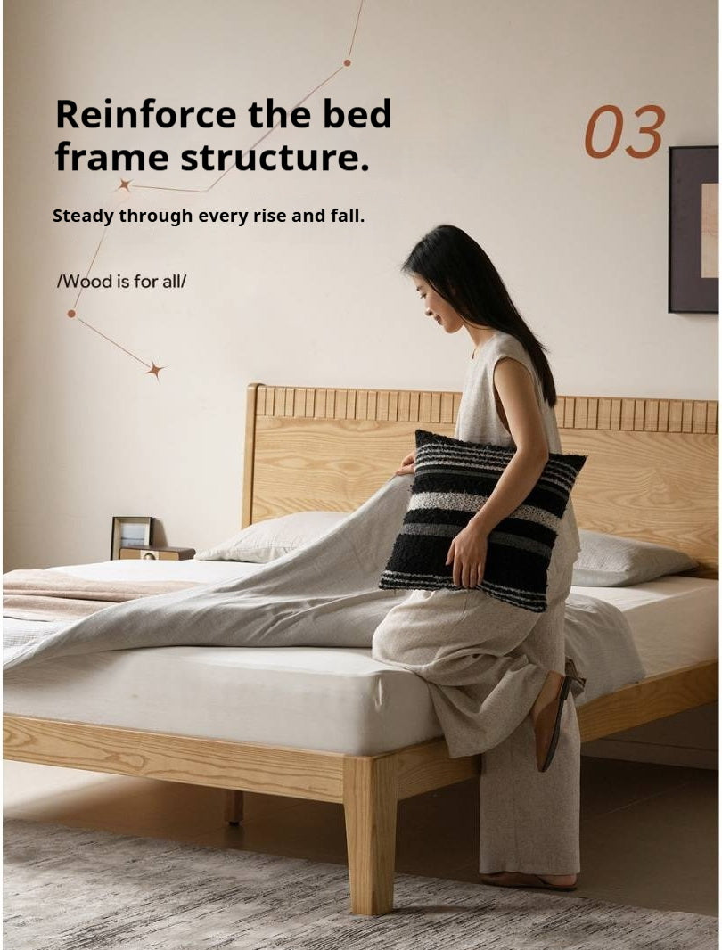 Ash Solid Wood Modern Minimalist Bed with Grooved Headboard and High Under-Bed Clearance