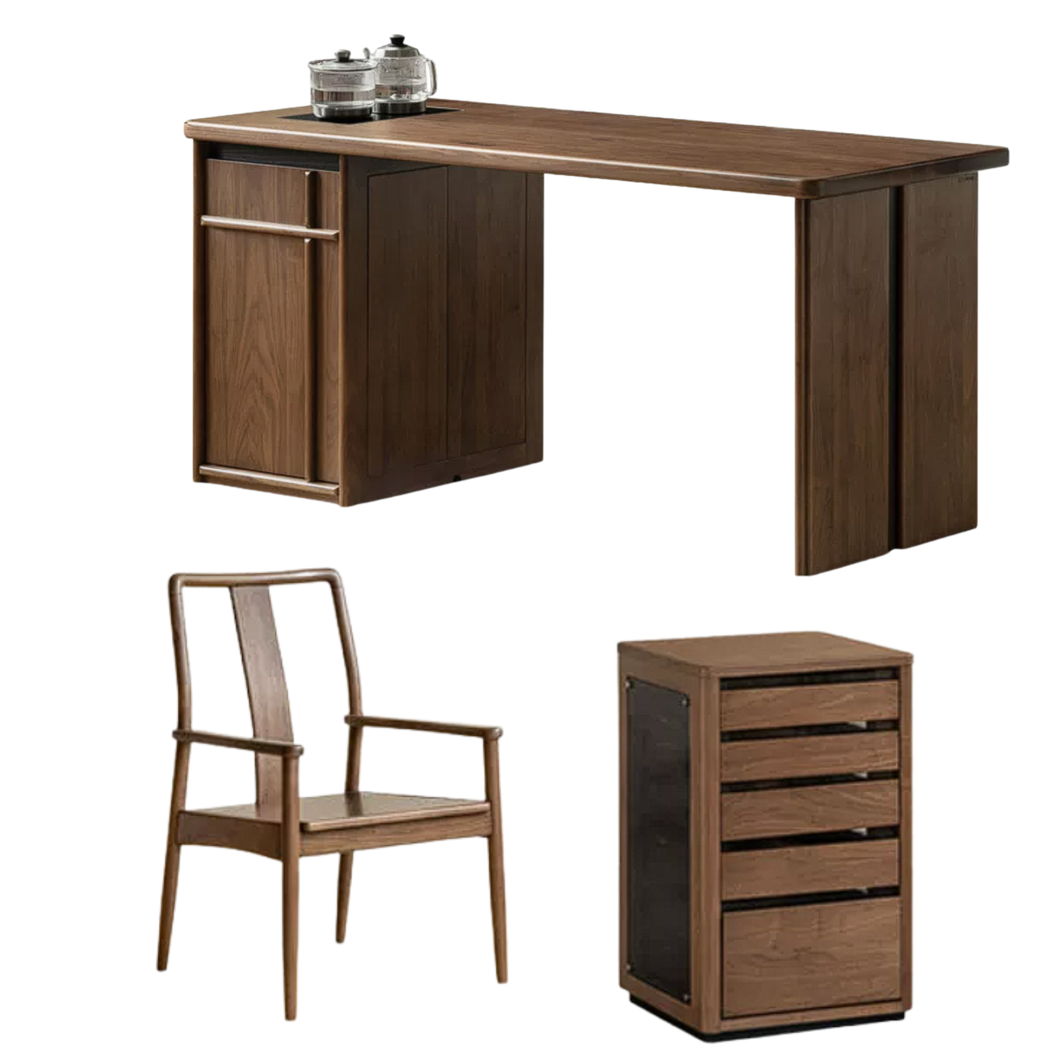 Black Walnut, Golden Pearwood Solid Wood Rectangular Tea Table with Tea Tray