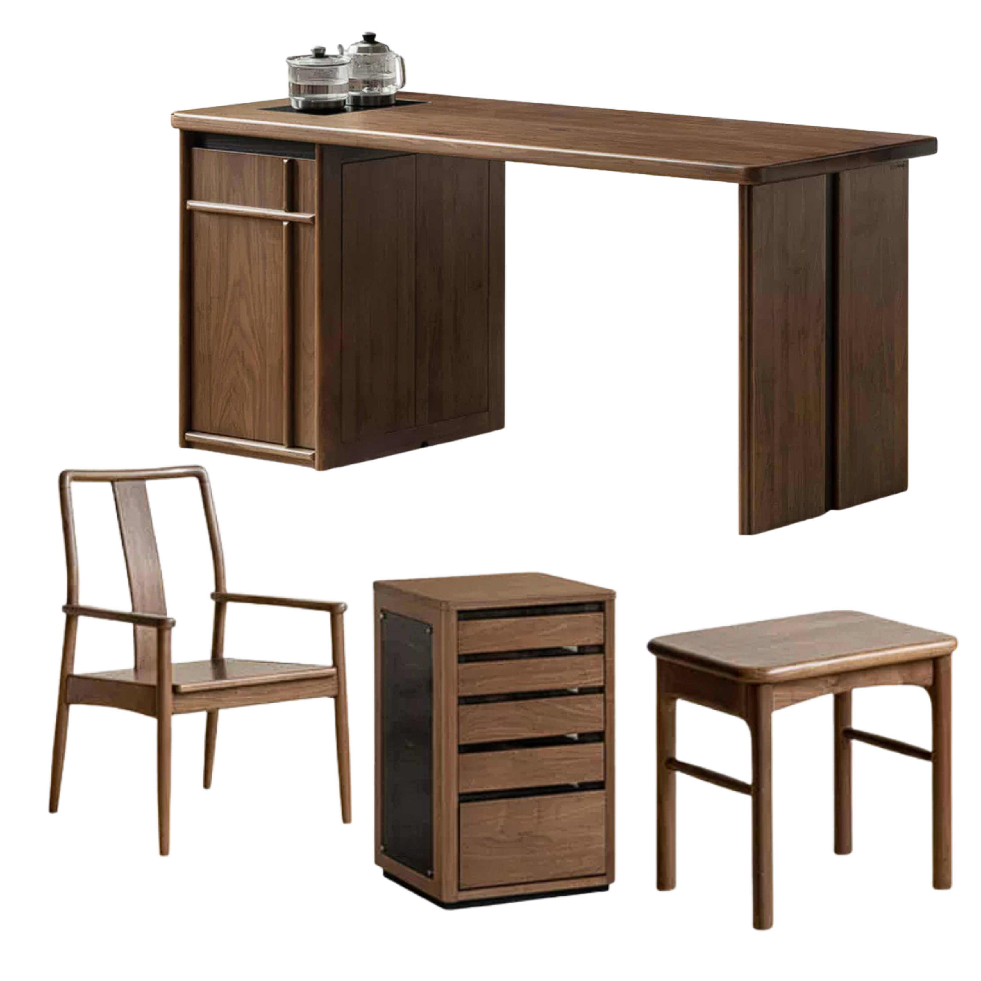 Black Walnut, Golden Pearwood Solid Wood Rectangular Tea Table with Tea Tray