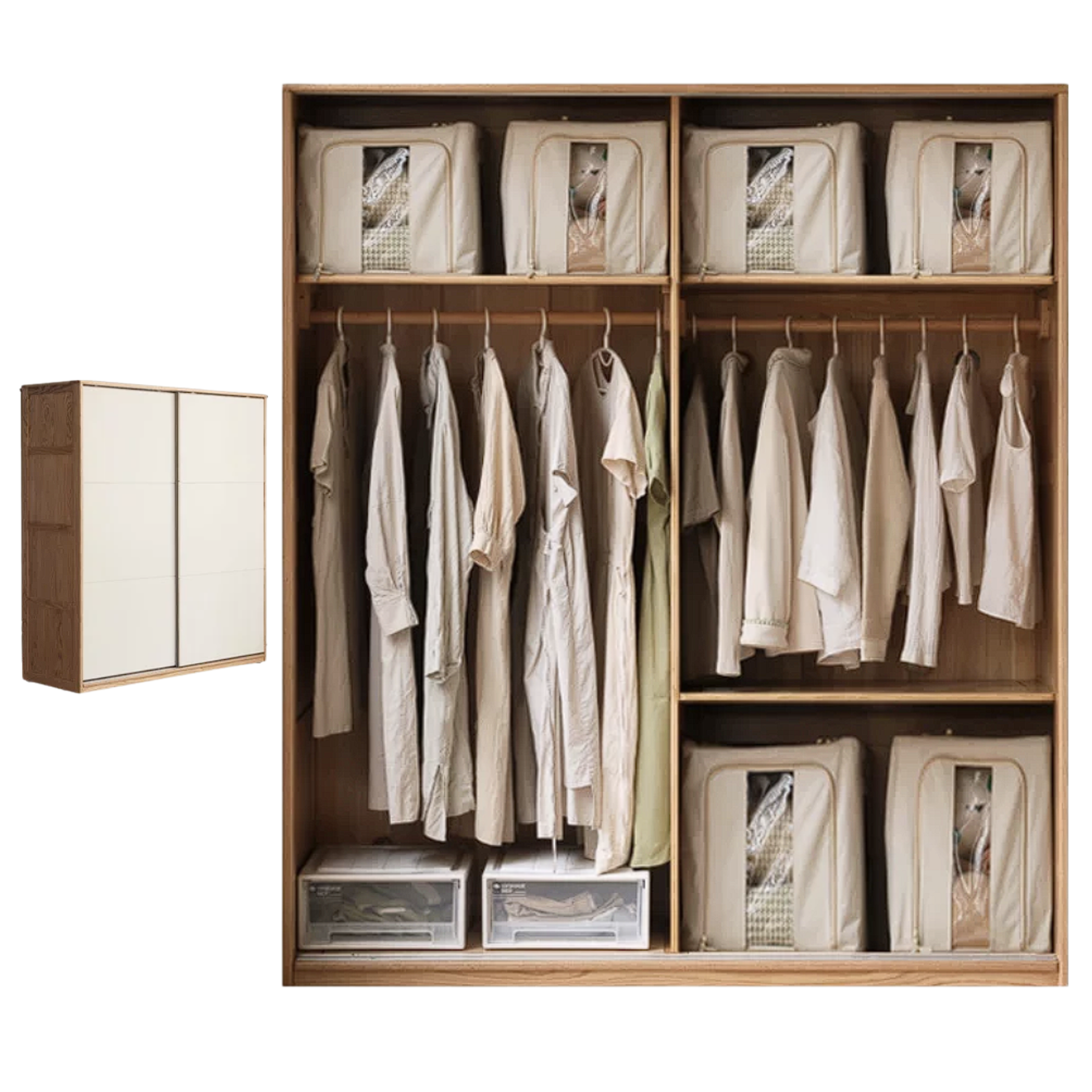 Oak, Rubberwood Solid Wood Sliding Door Storage Wardrobe