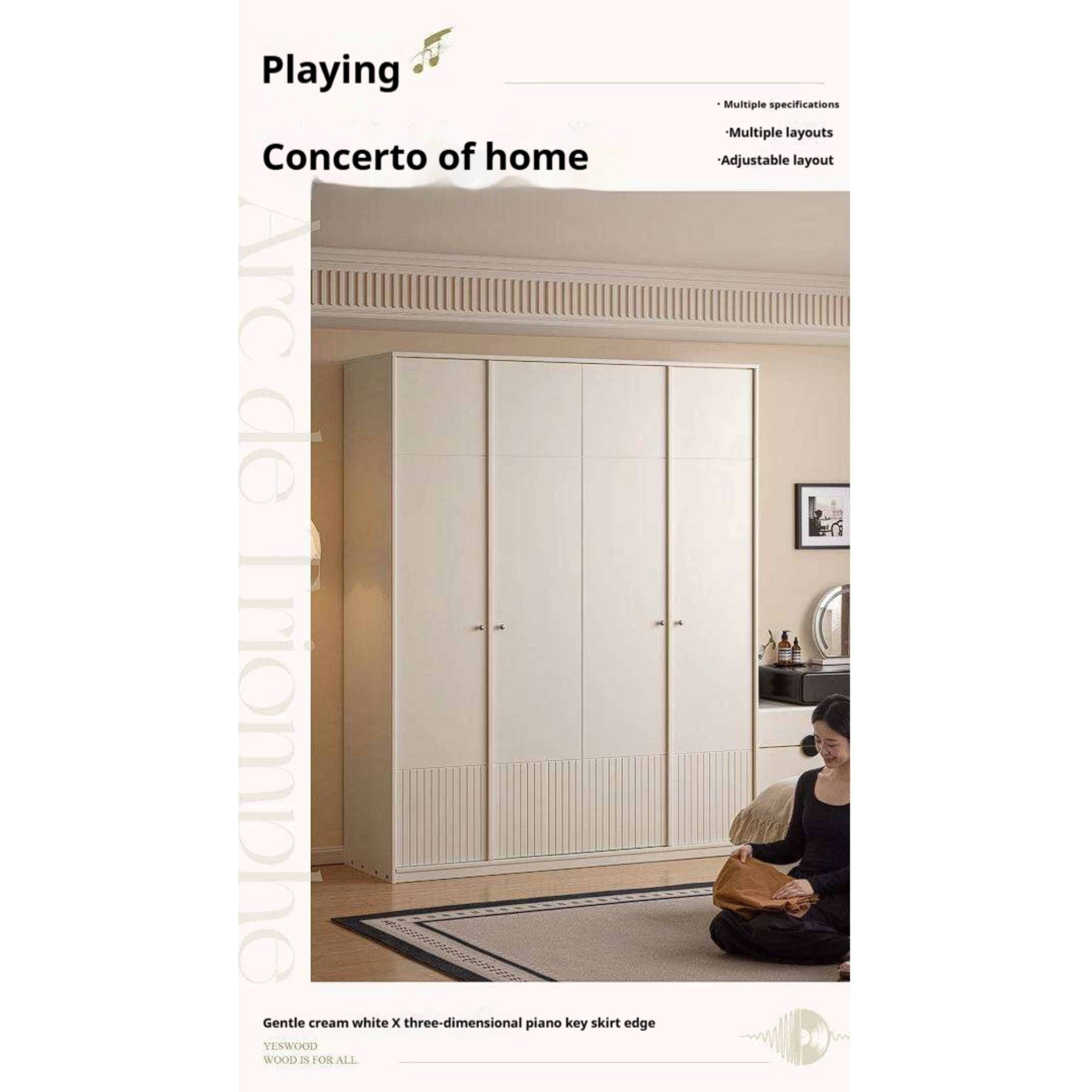 Pine Solid Wood Wardrobe with French Cream Finish and Double Doors