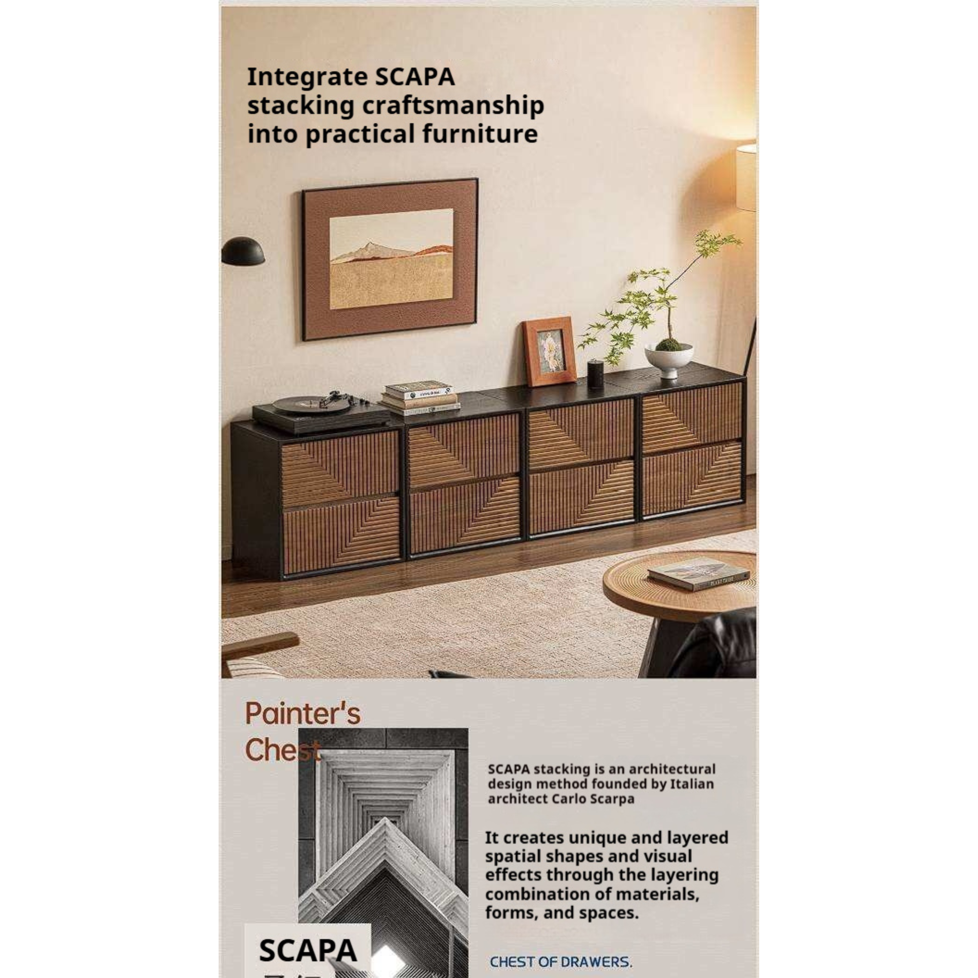 Black Walnut Solid Wood Geometric Relief Art Dresser