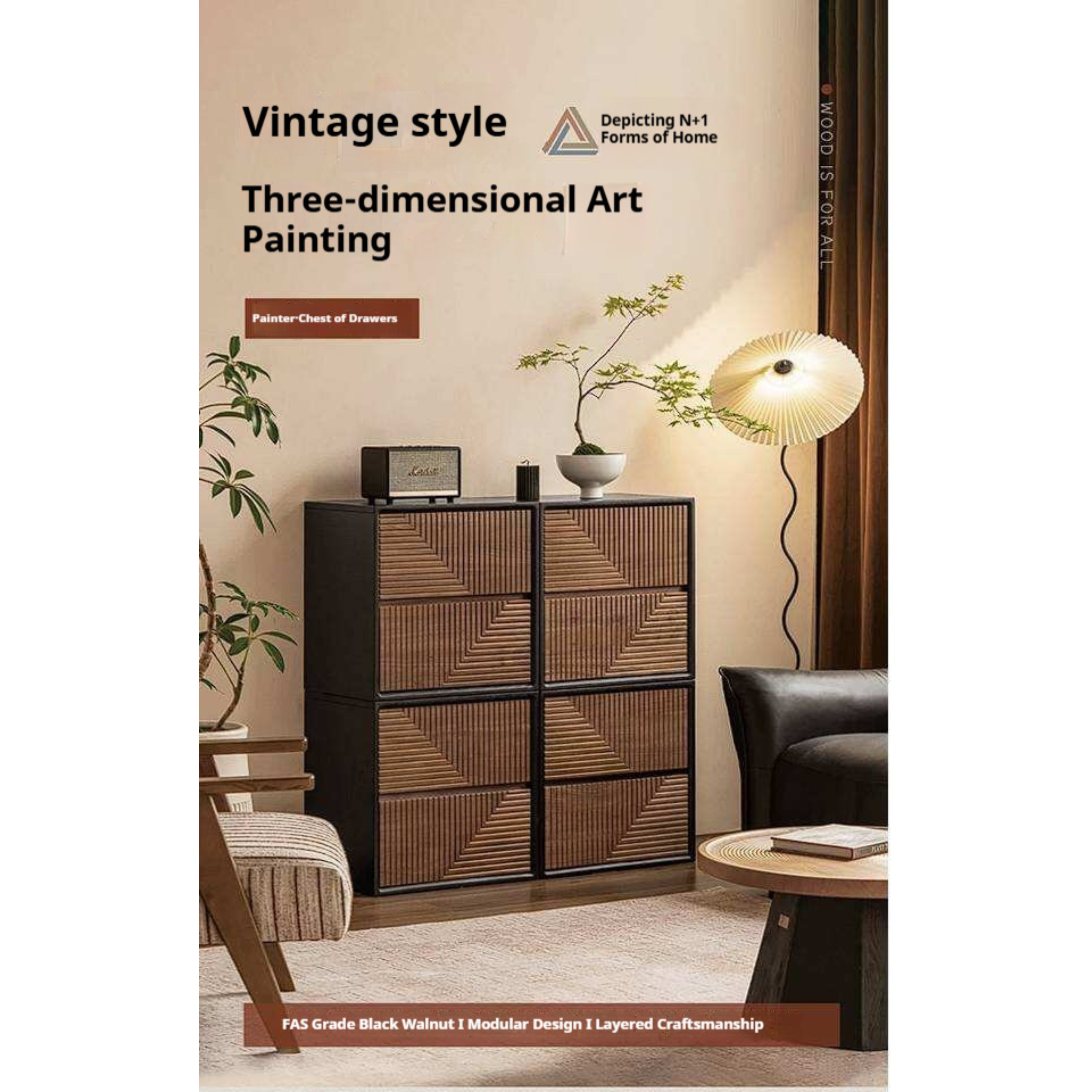 Black Walnut Solid Wood Geometric Relief Art Dresser