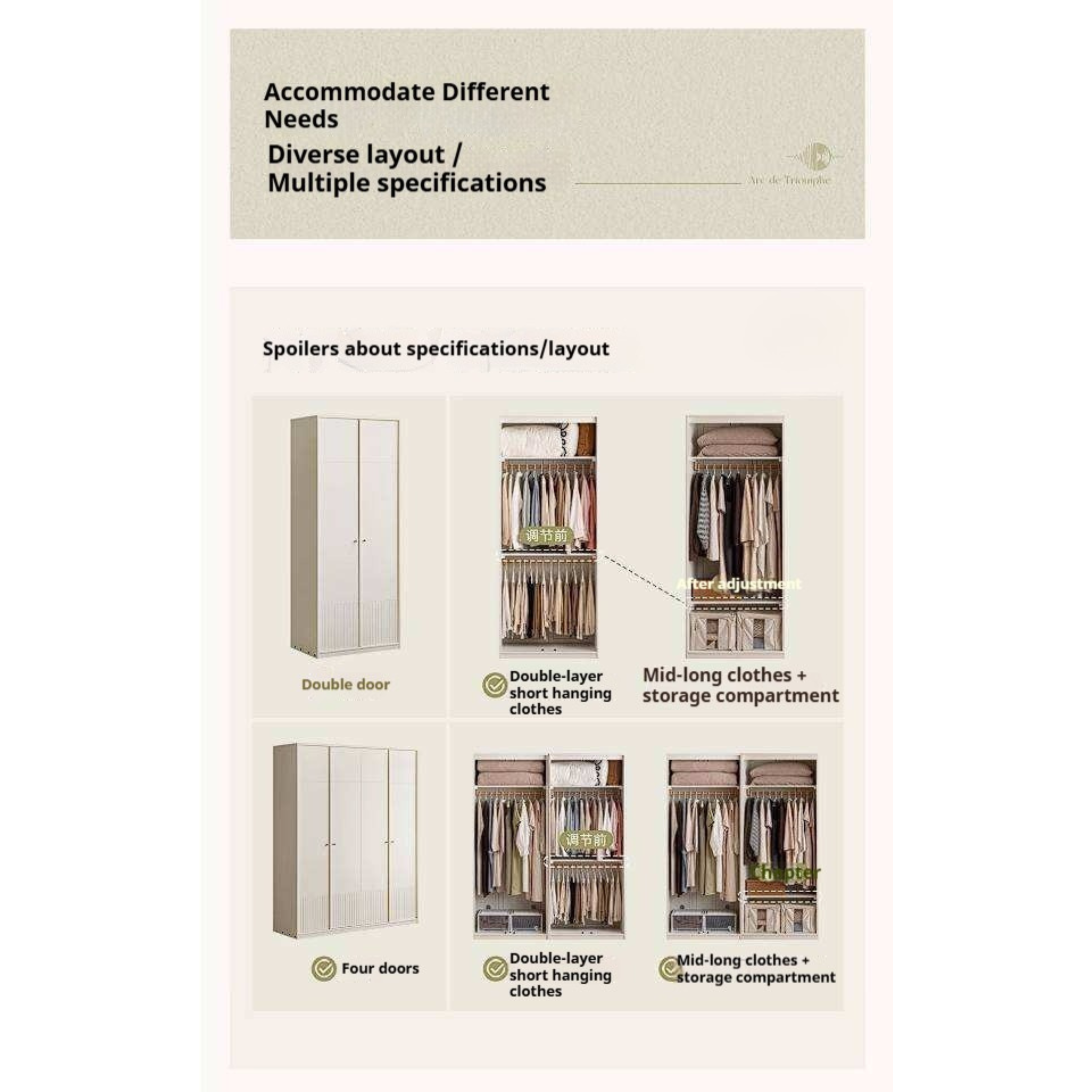 Pine Solid Wood Wardrobe with French Cream Finish and Double Doors