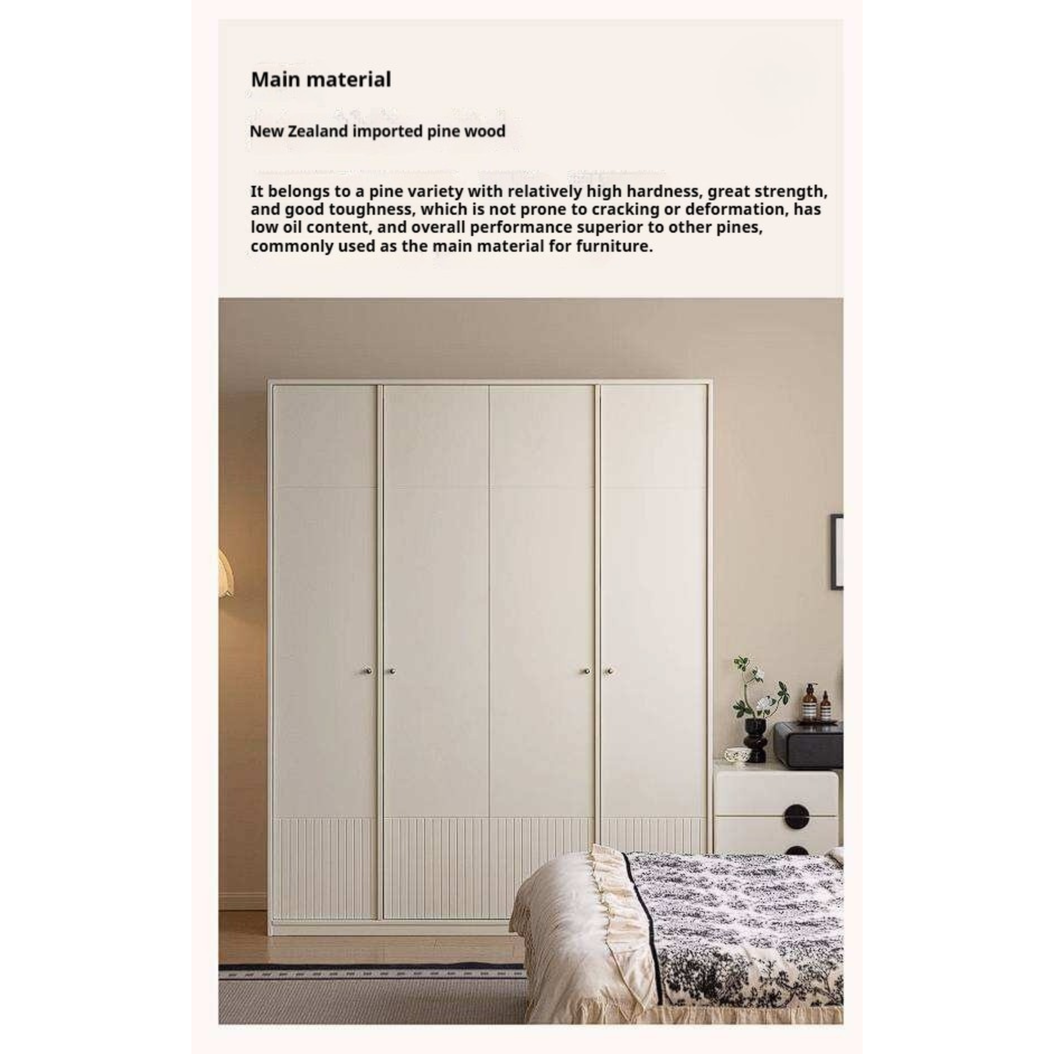 Pine Solid Wood Wardrobe with French Cream Finish and Double Doors