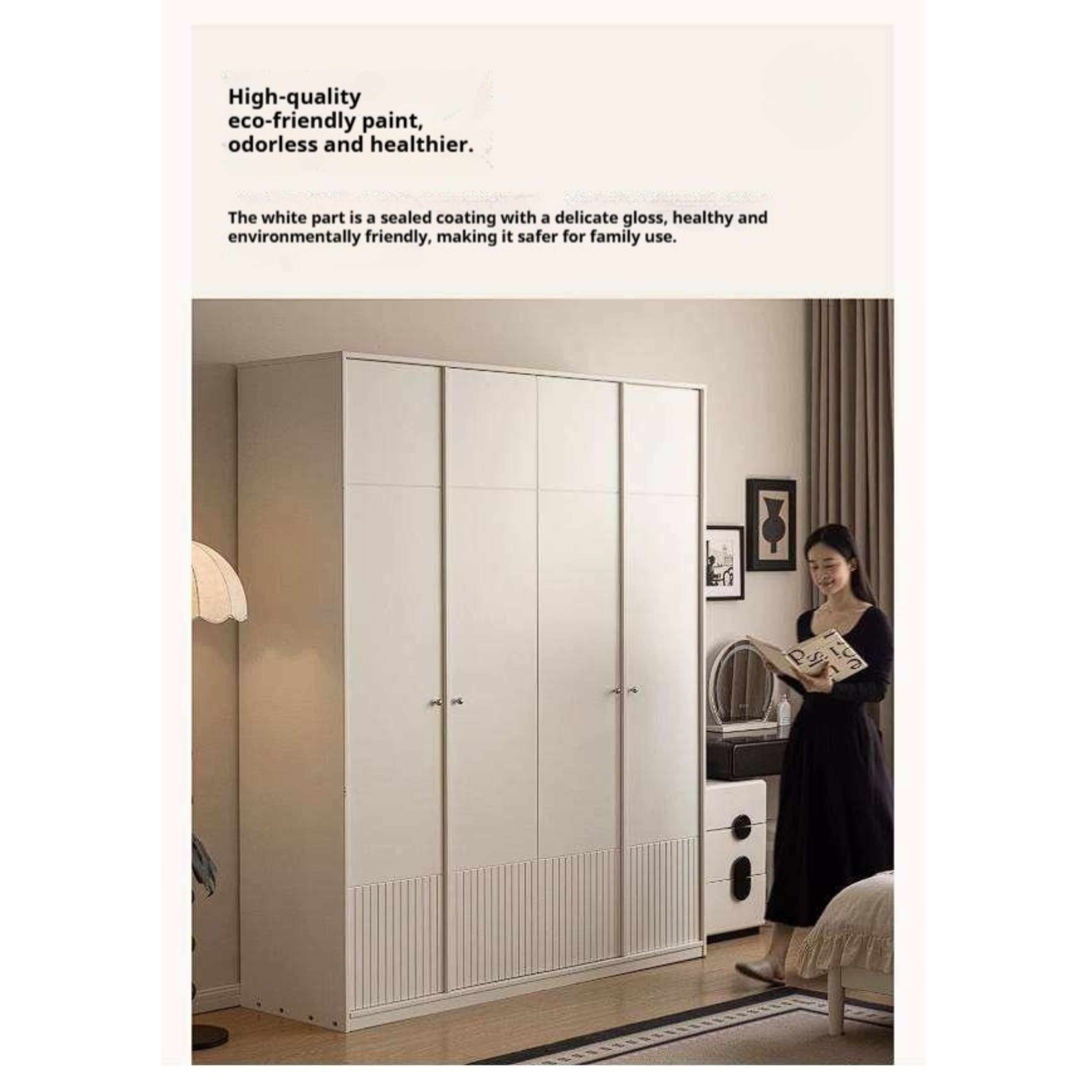 Pine Solid Wood Wardrobe with French Cream Finish and Double Doors