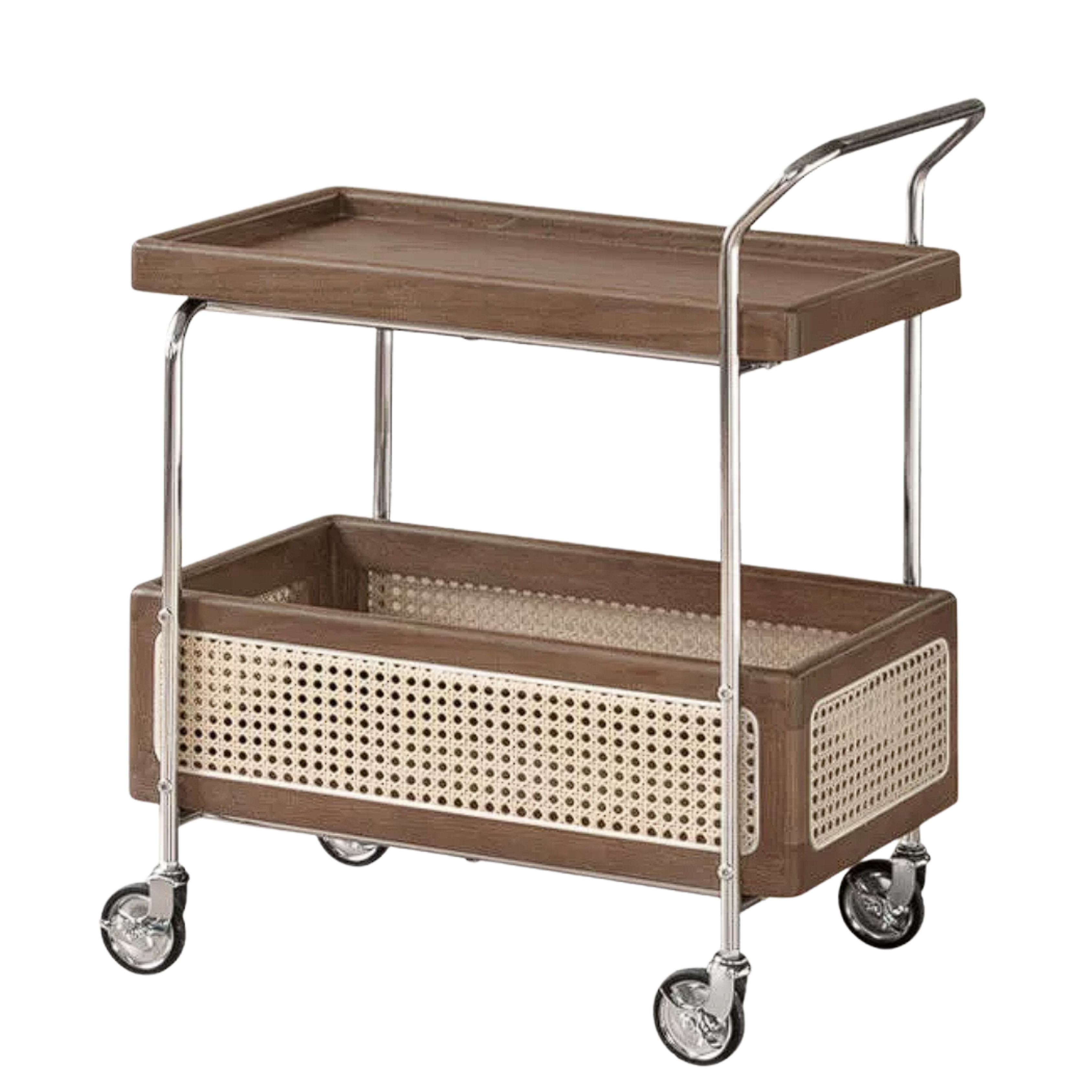 Oak Solid Wood Side Table with Double Layer Storage and Mobile Trolley