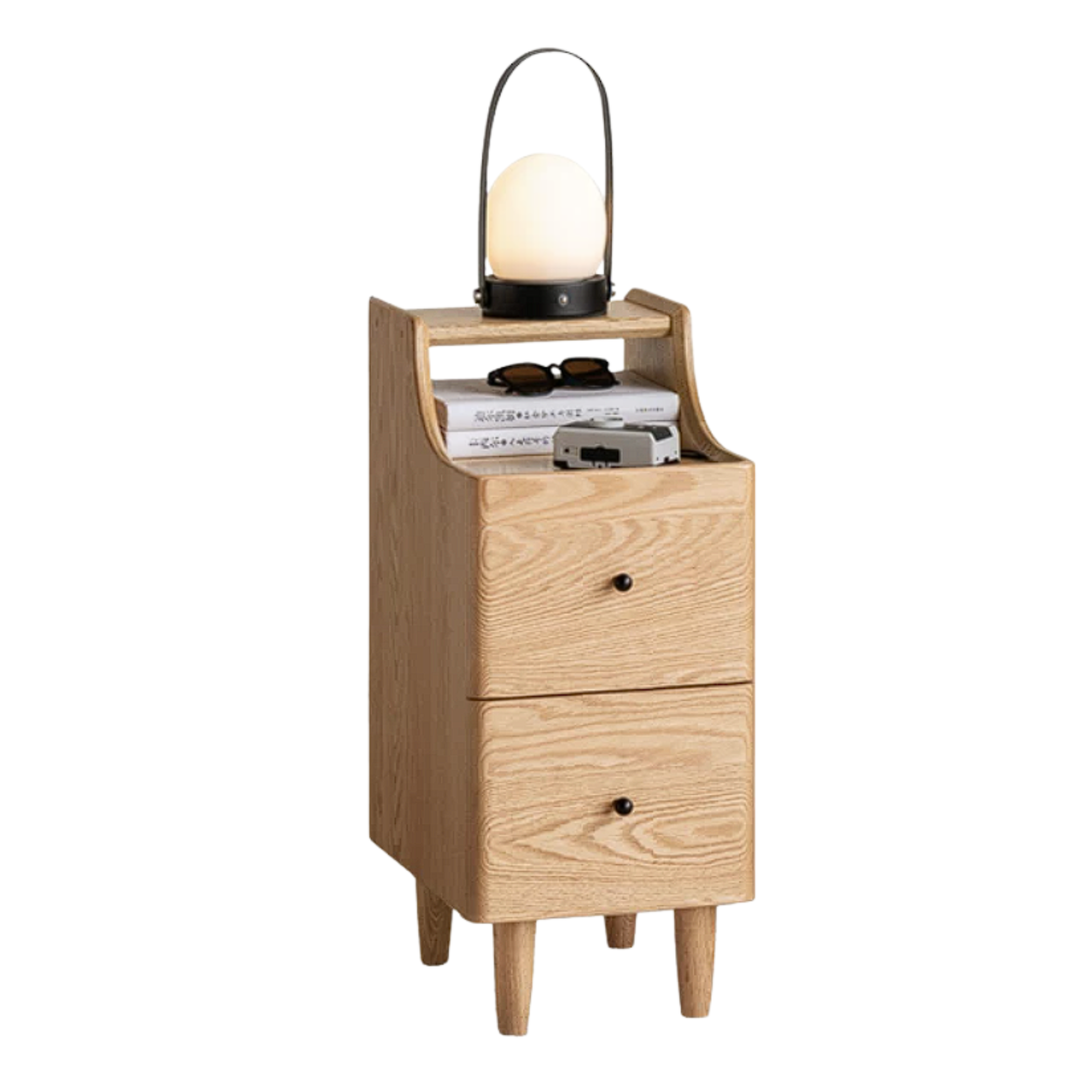 Oak, Ash Solid Wood Narrow Nightstand with Curved Top Edge
