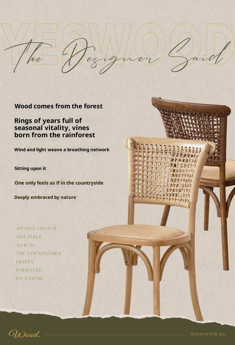 4 pcs -Oak Solid Wood Cane Back Dining Chair, Woven Rattan Side Chair