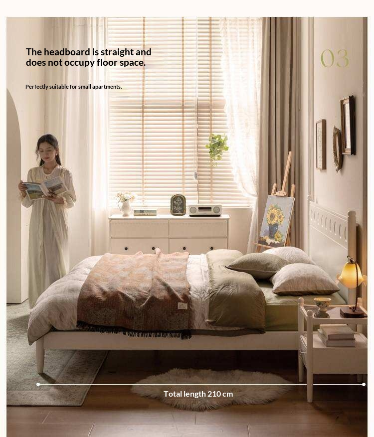 Rubberwood Solid Wood Platform Bed with Carved Dot Headboard and Spindle Legs