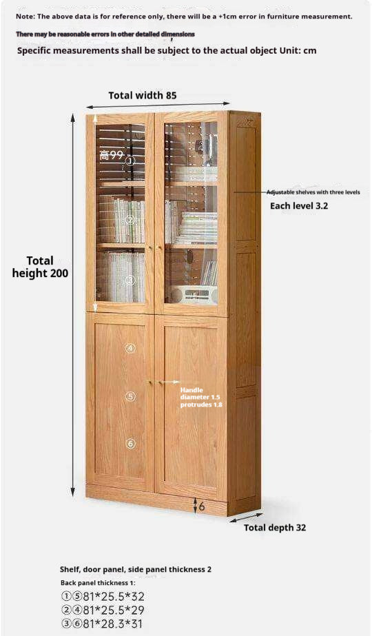 Oak, Solid Rubberwood Bookcase With Glass Doors