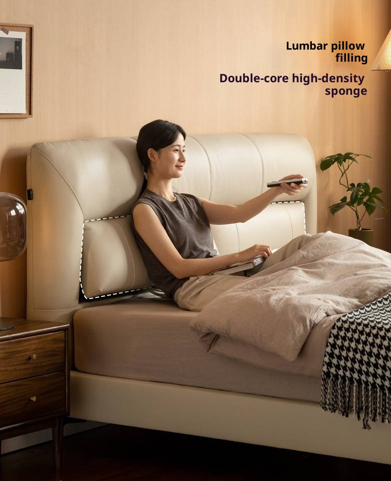 Genuine Leather Italian Light Luxury Soft Bed, White Cream Style