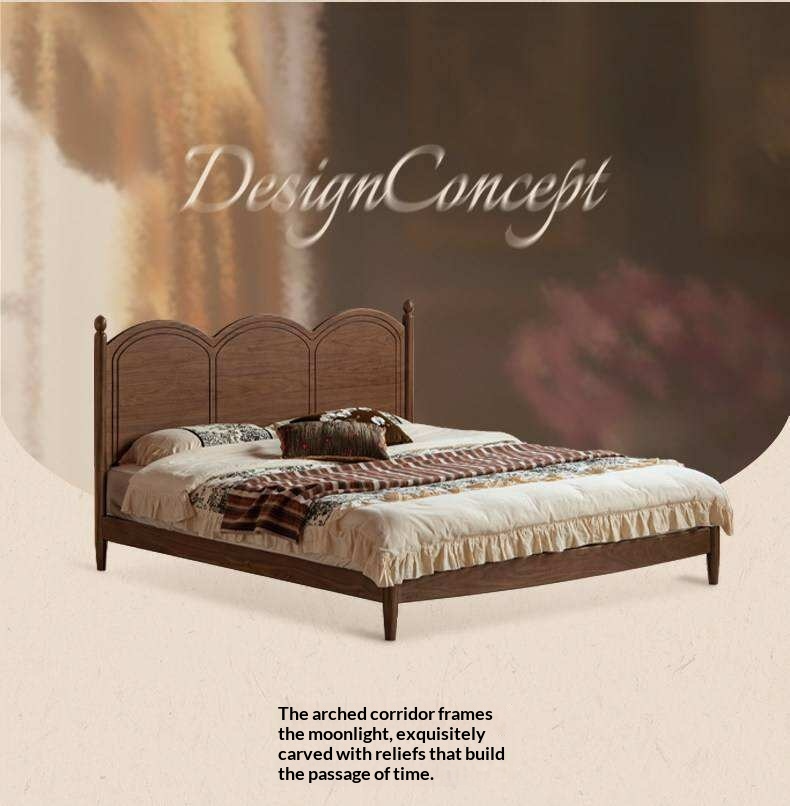 Black Walnut Solid Wood Bed with Arched French Country Headboard and Spindle Legs