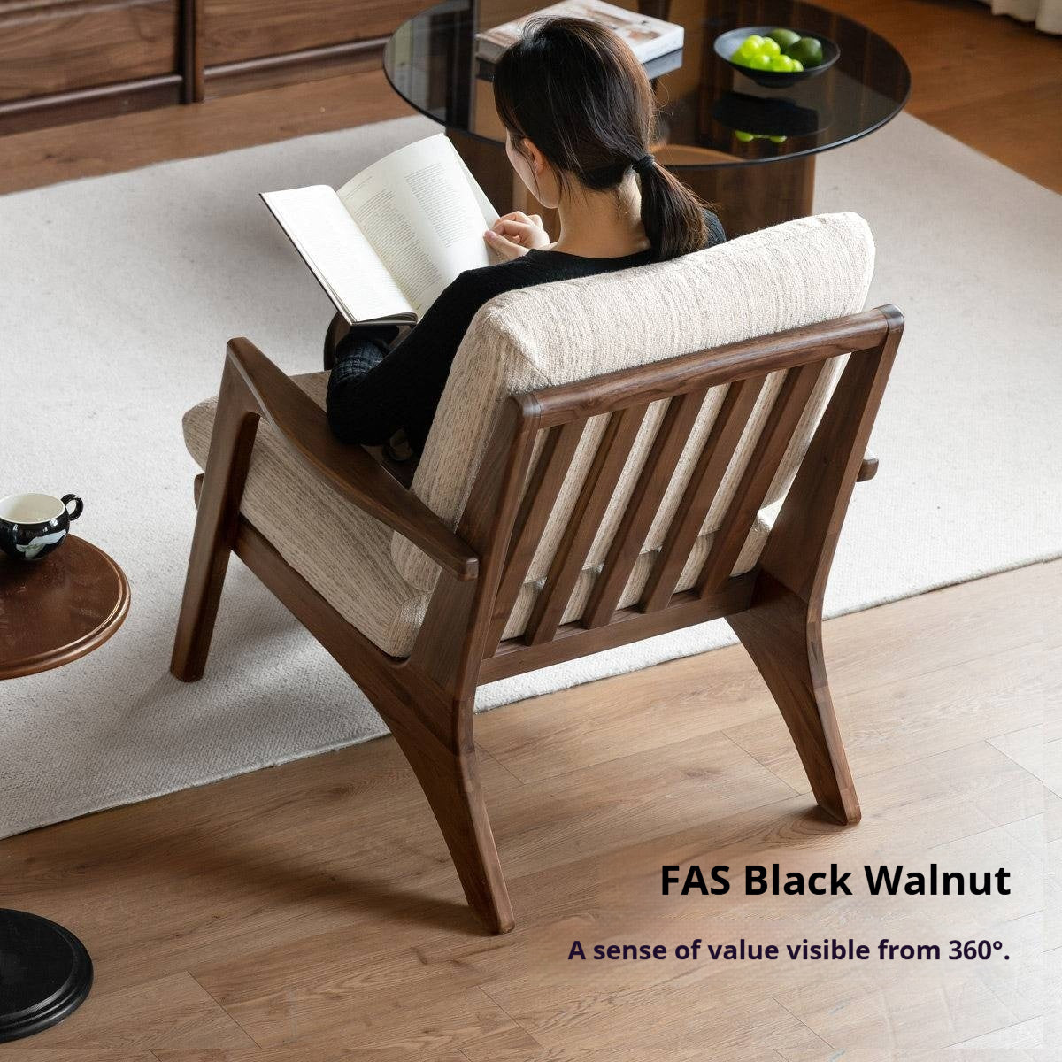 2 pcs -Black Walnut, Oak Solid Wood Lounge Armchair with Angled Frame and Open Armrests