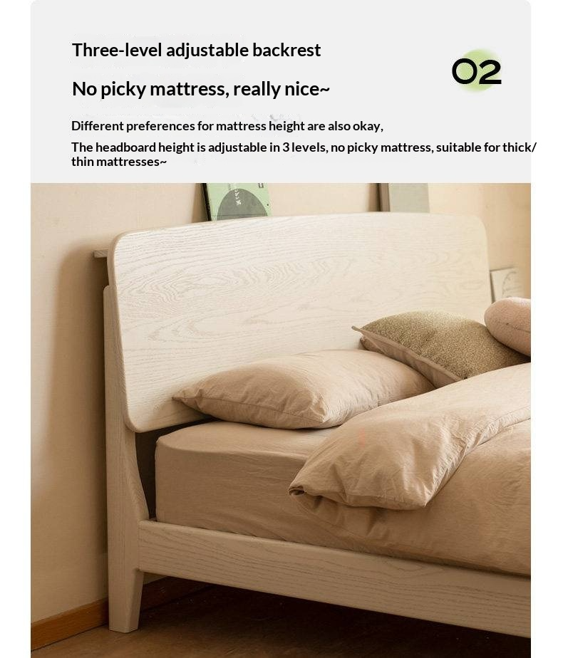 Oak Solid Wood Bed — Cream Style with Slanted Backrest