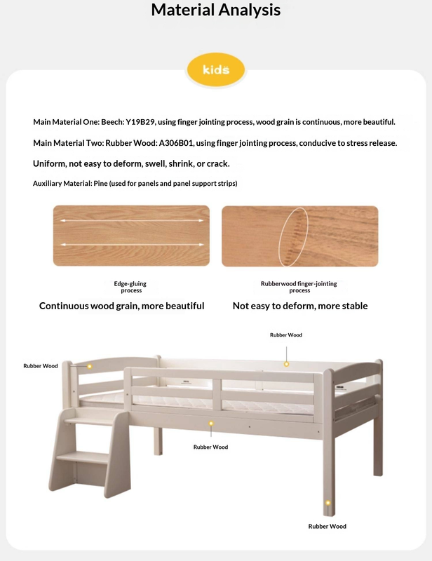 Beech, Rubberwood  solid wood single with guardrail bed