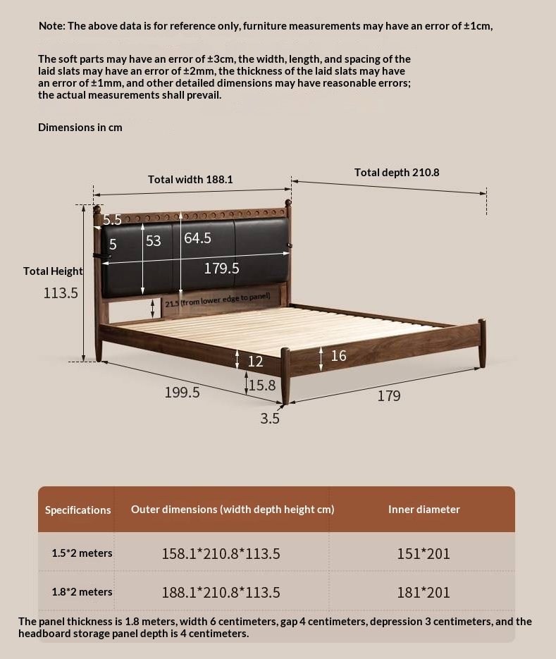 Black Walnut Solid Wood Bed — French Retro Style with Soft Backrest and Genuine Leather Upholstery