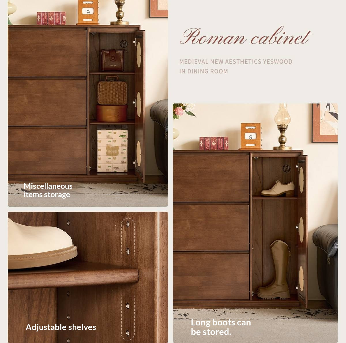 Solid RubberWood Vintage Shoe Cabinet with Flip-Down Drawers and Round Inlay Accents