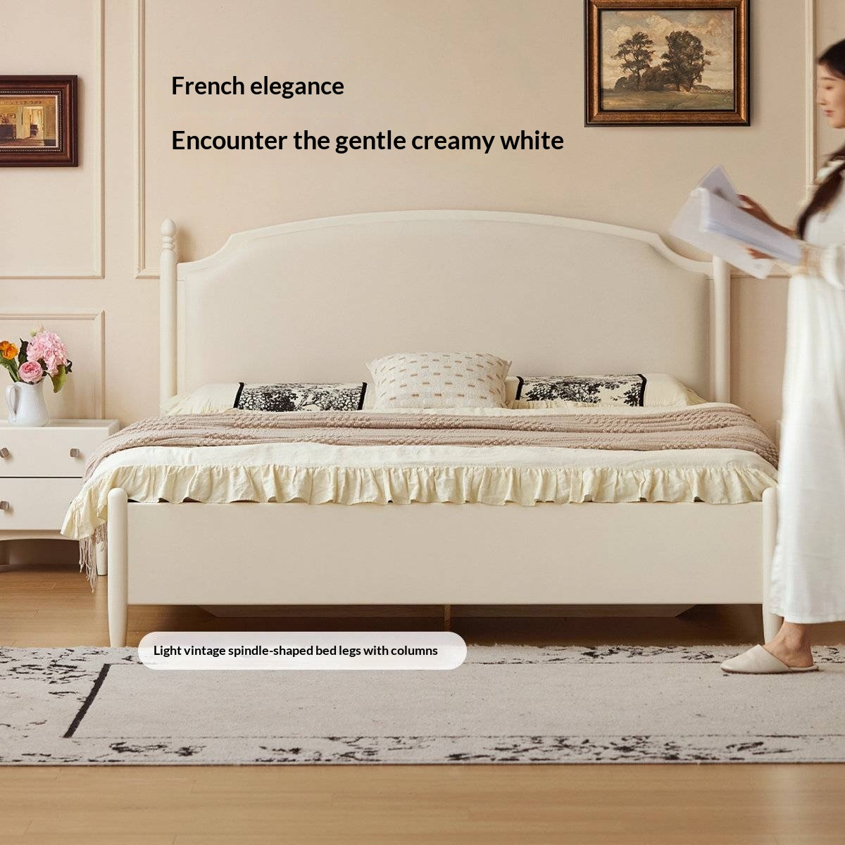 Rubberwood Solid Wood French Cream Storage Bed with Upholstered Headboard