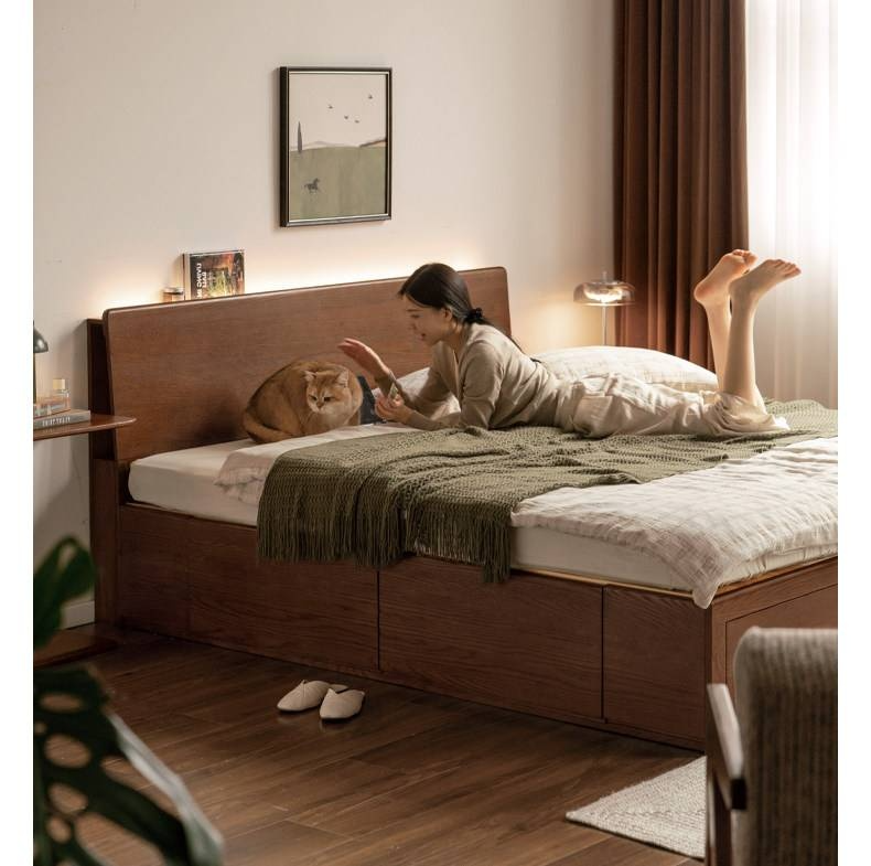 Oak, Rubberwood Solid Wood,  Multifunctional Storage Box Bed