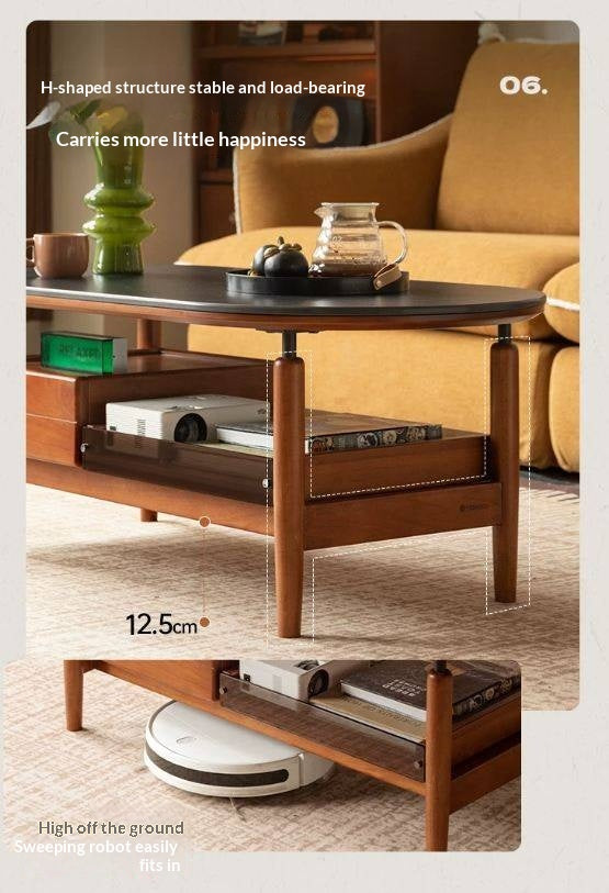 Tulipwood Solid Wood Coffee Table with Rock Slab Top in Retro Style