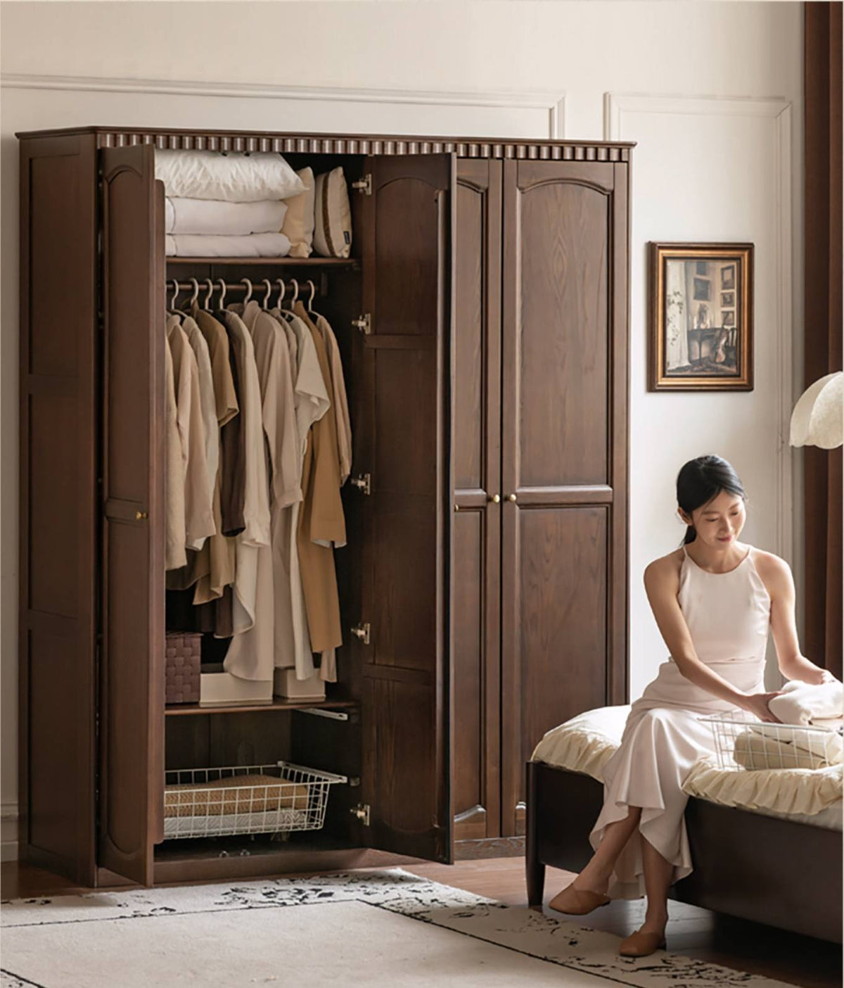 Ash Solid Wood Traditional 4-Door Armoire with Raised Panel Doors and Crown Molding