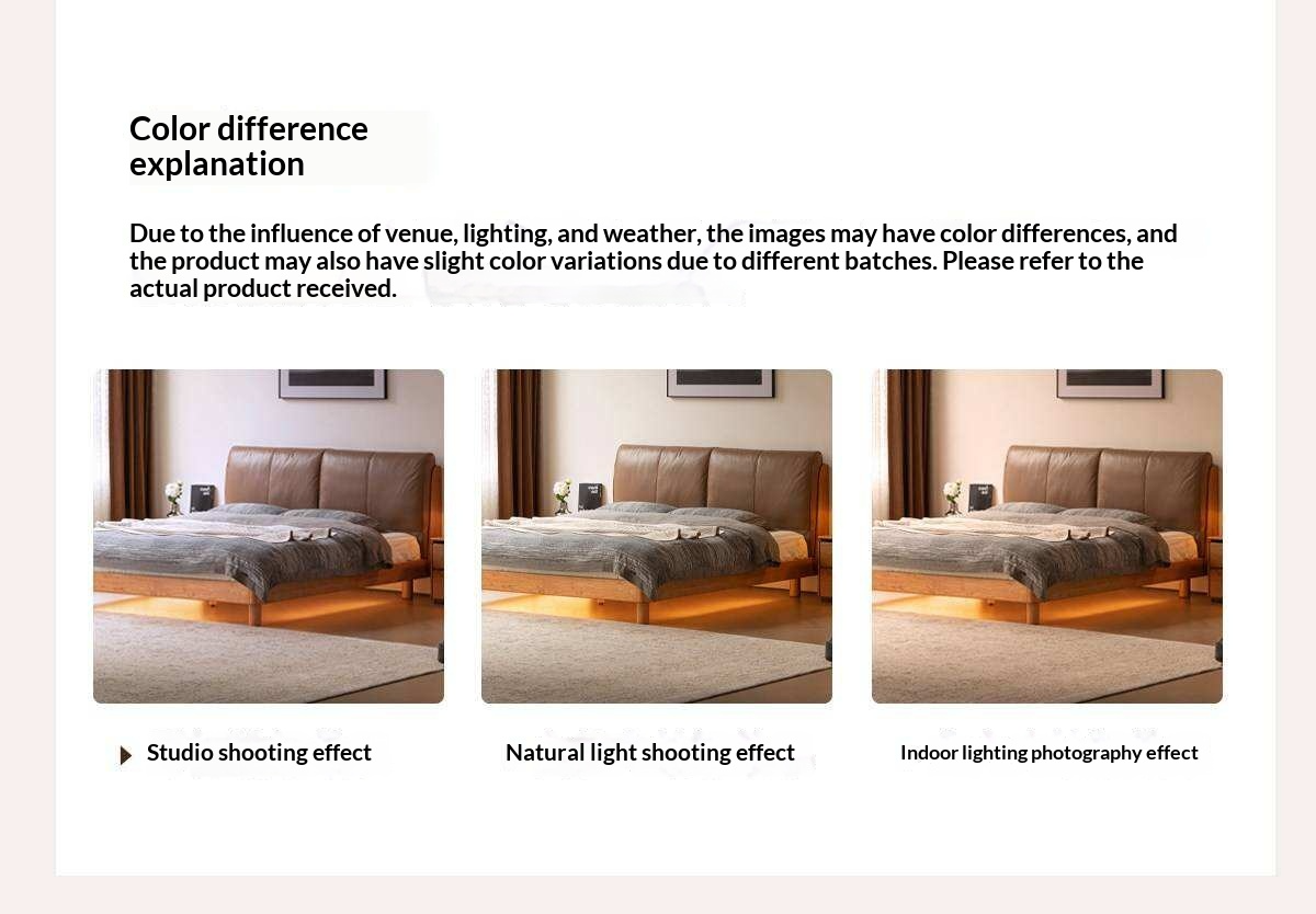 Cherry Solid Wood Bed with Genuine Leather Upholstered Headboard and LED Lighting