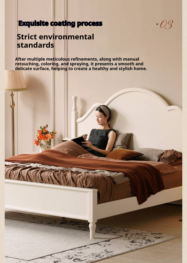 Rubberwood Solid Wood Bed American Retro Cream Style