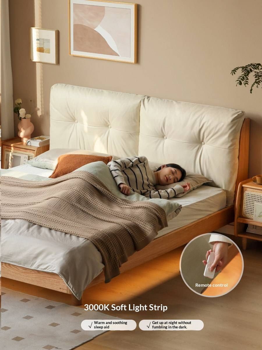 Oak Solid Wood Bed — Modern Minimalist, Genuine Leather Upholstered, Floating Design with Light