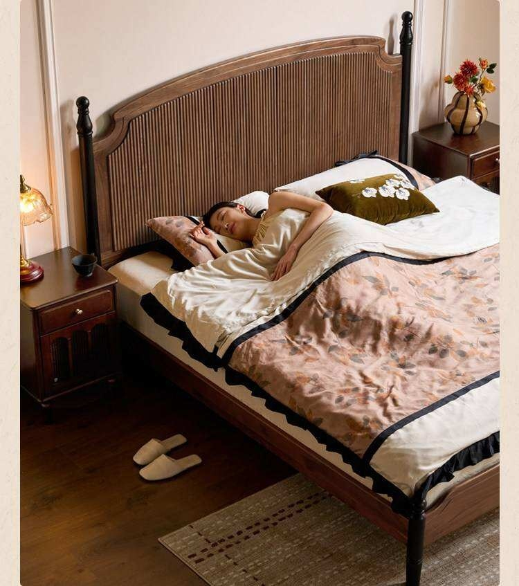 Black Walnut Solid Wood Bed with Reeded Arched Headboard and Turned Corner Posts