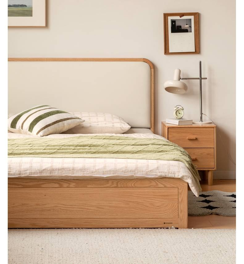 Oak Solid Wood Genuine Leather,  Eco-leather Box Bed