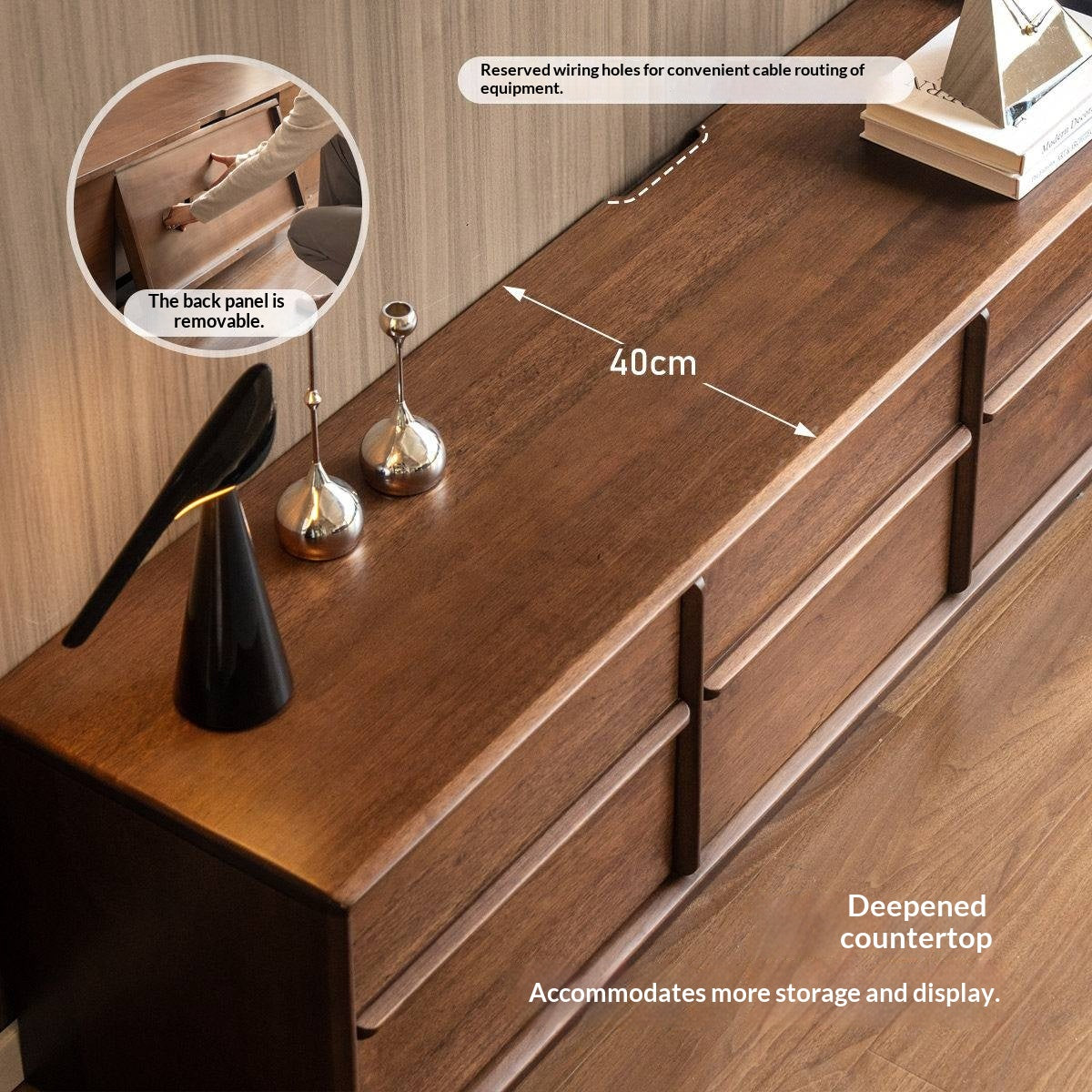 Sandalwood Solid Wood Low Profile TV Console with Fluted Panels