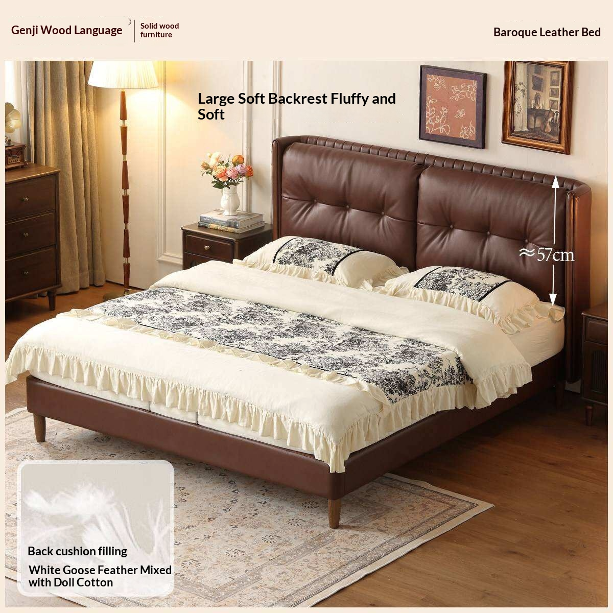 Ash solid wood Genuine Leather Tufted Wingback Bed with Extra Tall Headboard