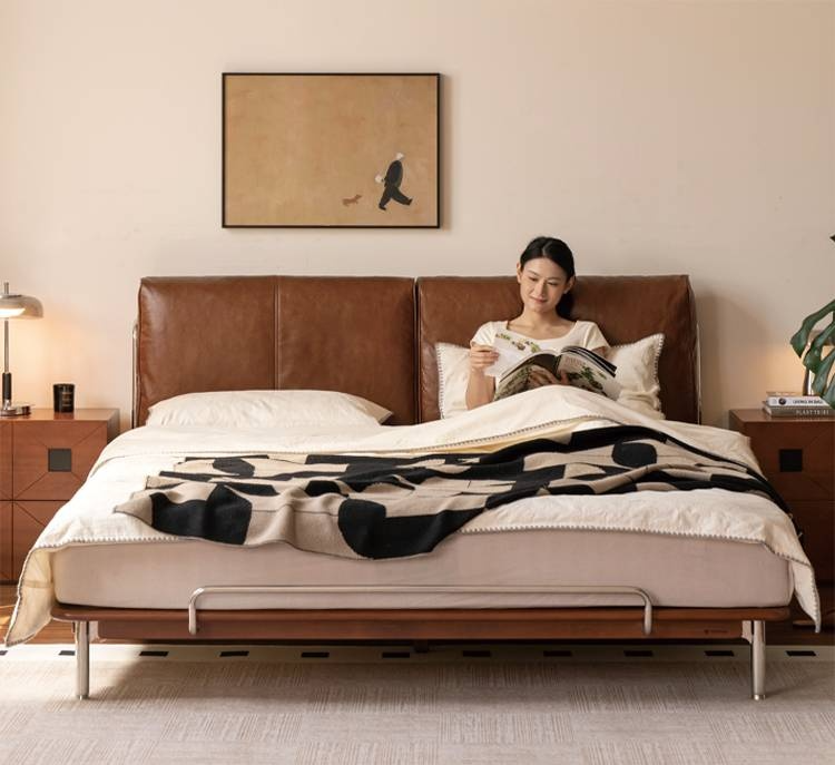 Genuine Leather Bauhaus Style Double Bed with Top Grain Cowhide Soft Backrest