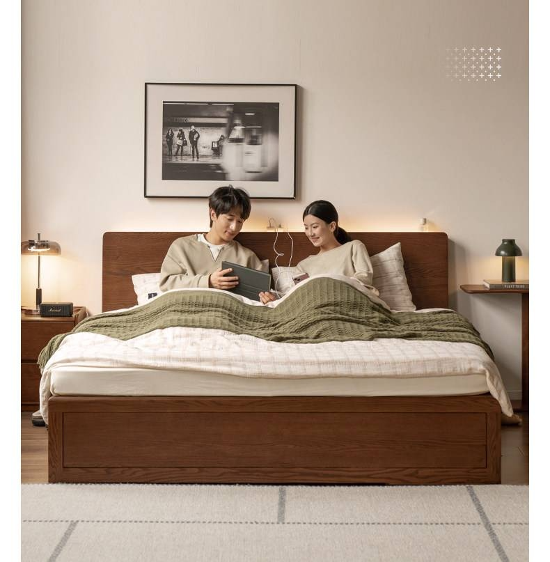 Oak, Rubberwood Solid Wood,  Multifunctional Storage Box Bed