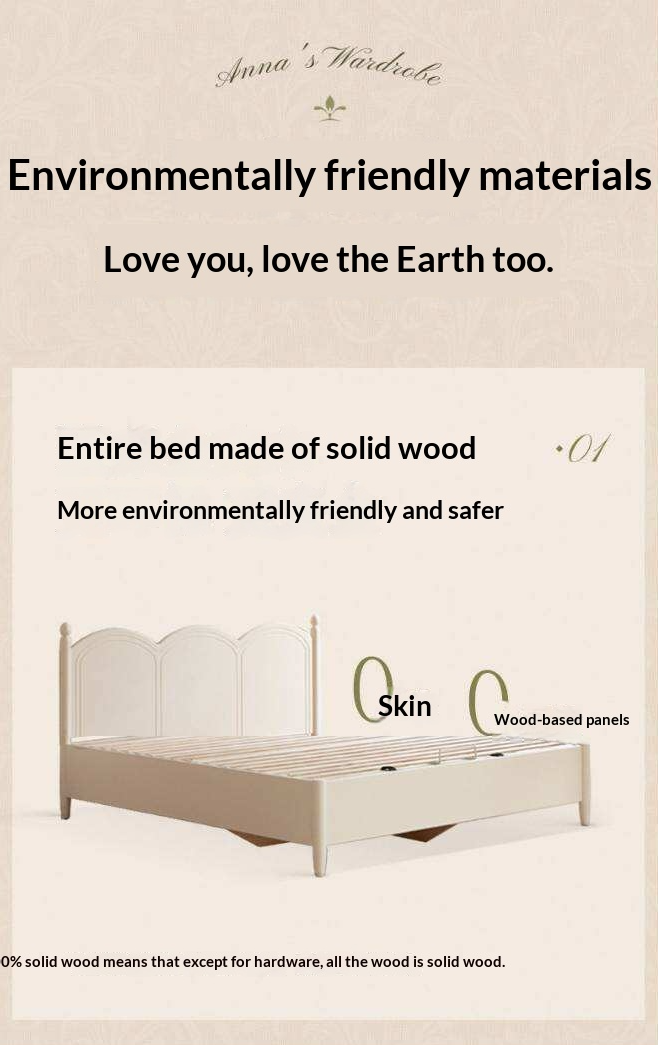 Rubberwood Solid Wood Bed with White Cream Style Large Box Frame