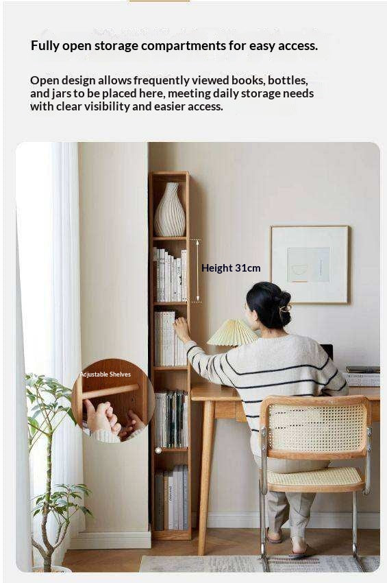Oak, Solid Rubberwood Ultra Narrow Bookcase