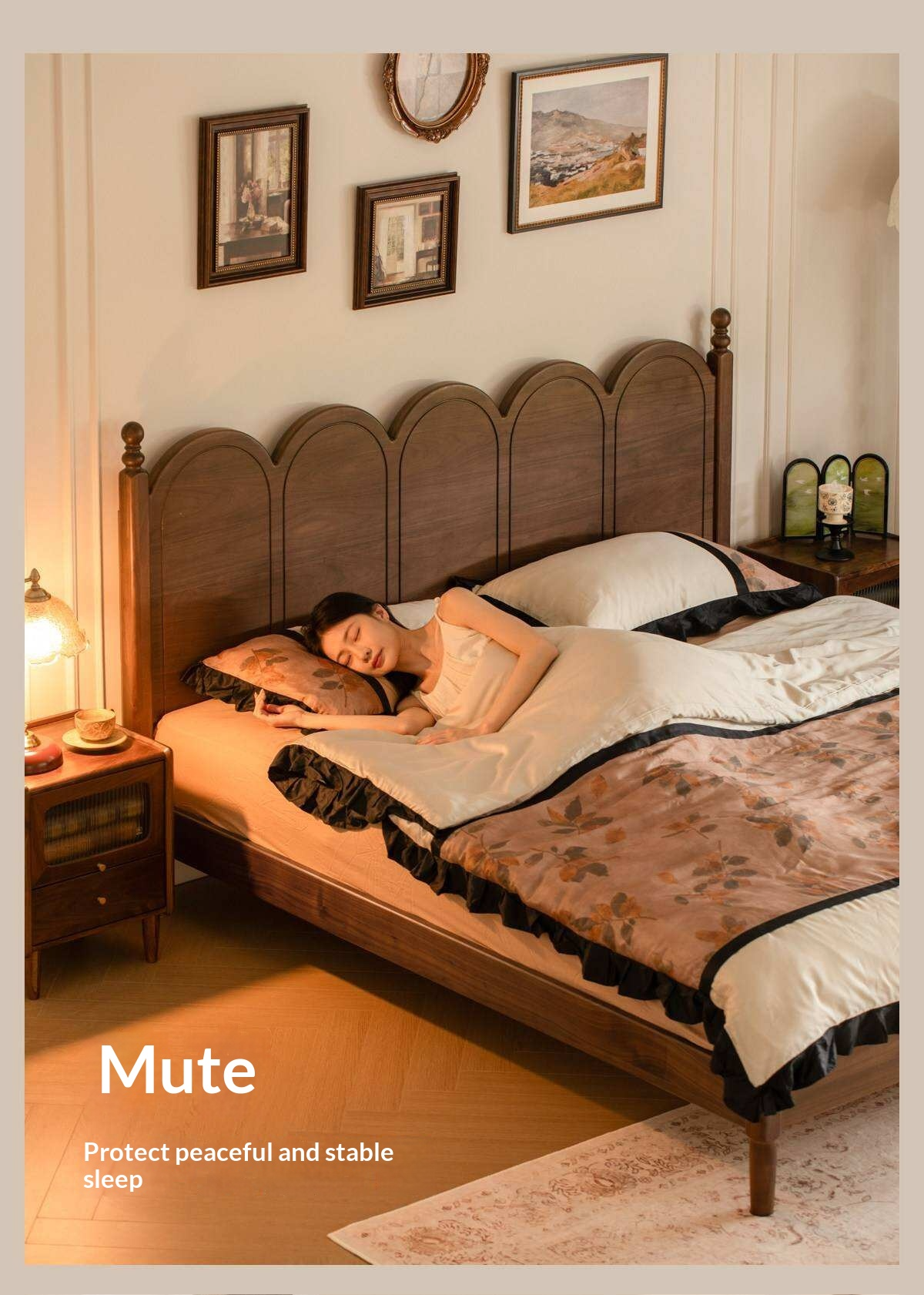 Black Walnut Solid Wood French Country Arched Platform Bed with Turned Posts