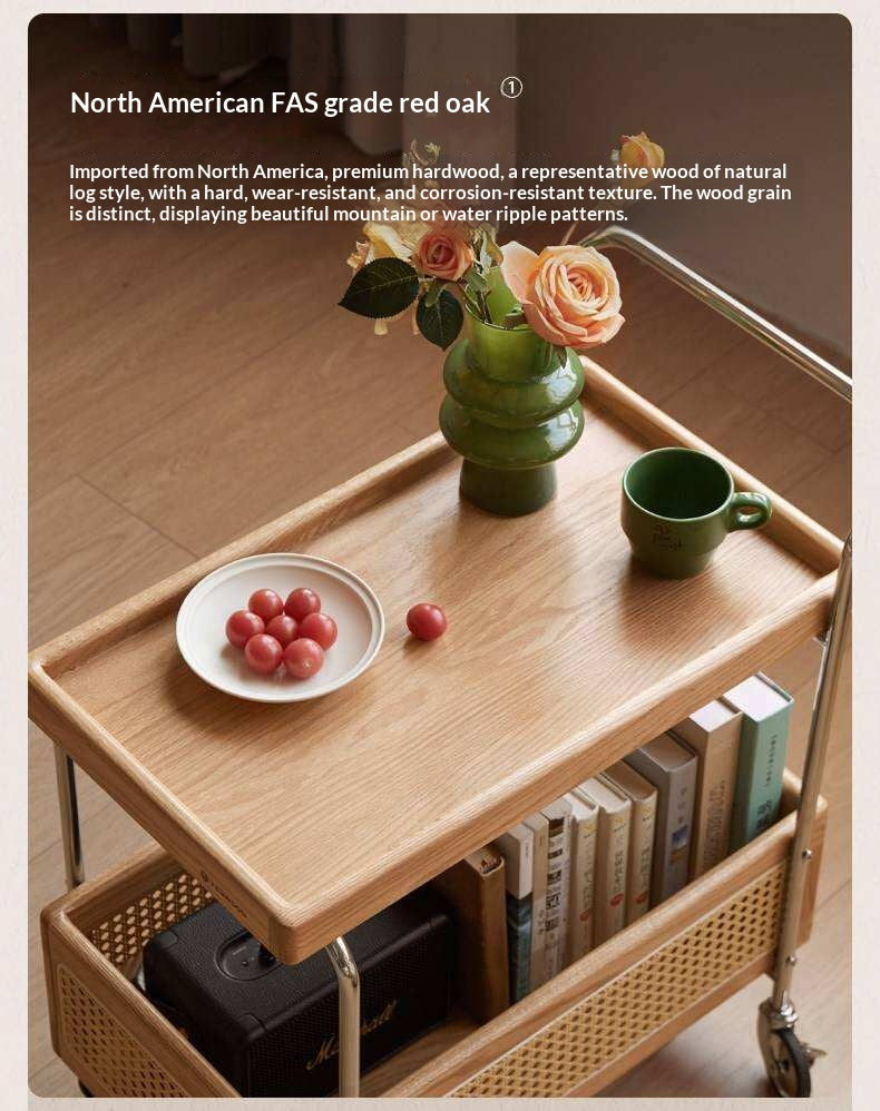 Oak Solid Wood Side Table with Double Layer Storage and Rattan Accents, Mobile