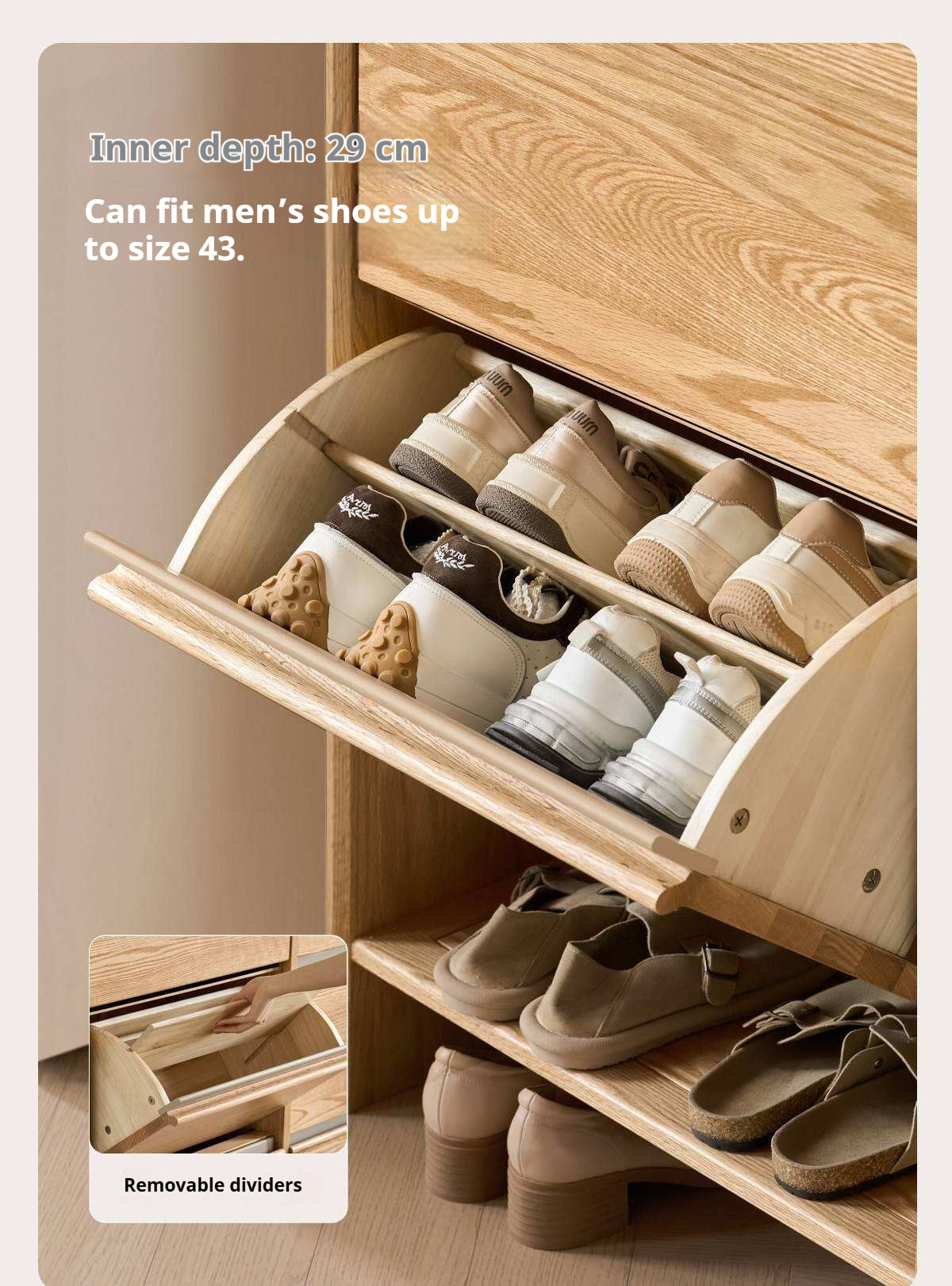 Oak Solid Wood Slim Entryway Shoe Cabinet with Tilt-Out Compartments and Drawers